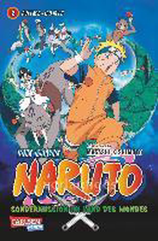 Naruto manga cover: actiefiguur Naruto met vrienden voor een blauwe achtergrond, titel: Sondermission im Land des Mondes.