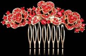 Chique Goudkleurige Haarkam Flowers met Rode Kristallen