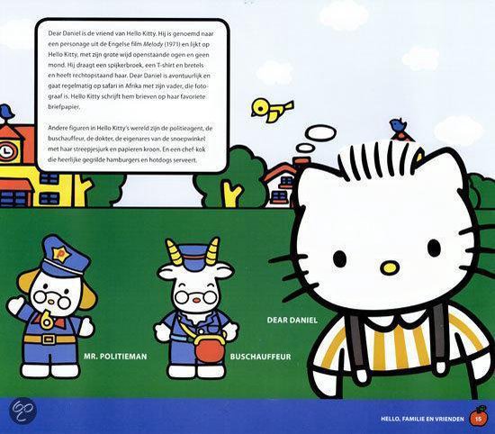 Hello Kitty met politieagent en buschauffeur. Achtergrond met huisjes en bomen.