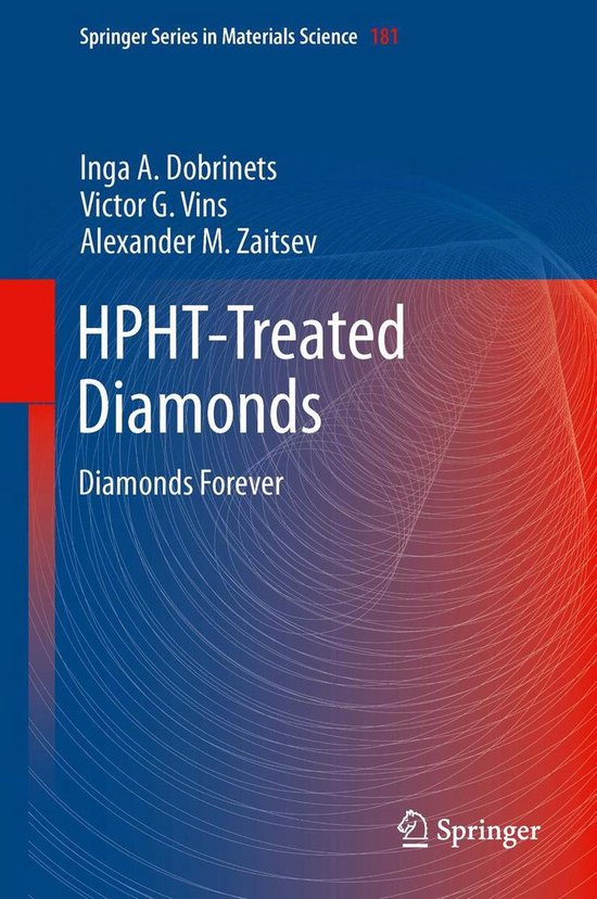 Boekomslag: 'HPHT-Treated Diamonds' met witte tekst op een blauwe en rode achtergrond met lijnenpatroon.
