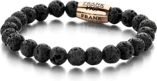 Frank 1967 - 7FB-0048 - Rekbare Natuurstenen Armband - Lava Steen met rosékleurig Stalen element - 8 mm/ 20 cm - Zwart