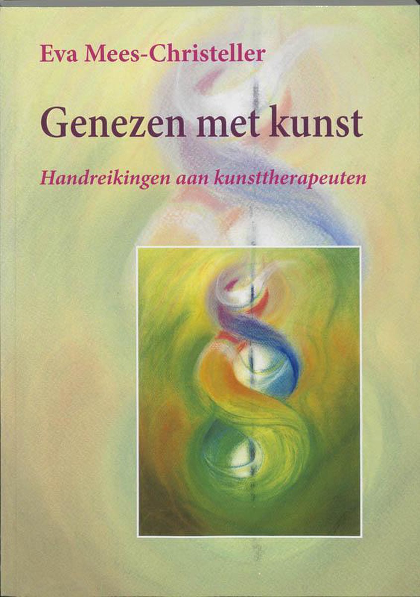 Boek 'Genezen met kunst' met abstracte pasteltekening van rode, blauwe en gele spiralen op een groene achtergrond.