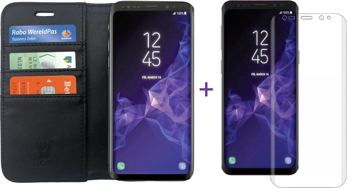 Hoesje geschikt voor Samsung Galaxy S9 Plus - Kunstlederen TPU Wallet Case Zwart - Portemonee Hoesje met Glas PET Folie Screen Protector Transparant 0.2mm