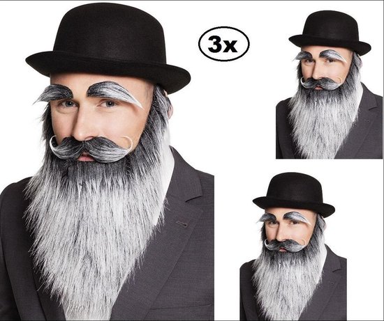 3x Baard met snor en wenkbrauwen grijs