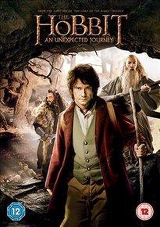 De filmposter van The Hobbit: An Unexpected Journey met Bilbo Baggins op de voorgrond, gevolgd door Gandalf en dwergen.