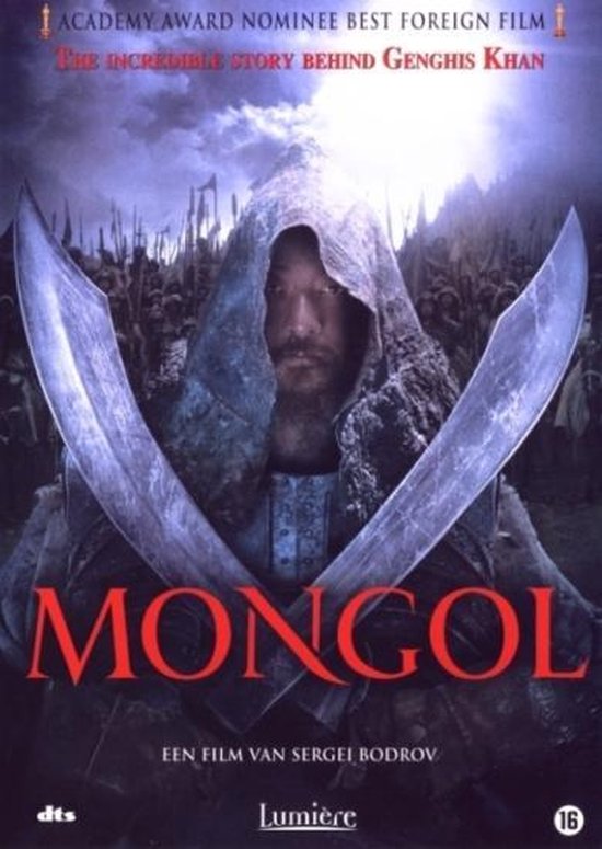Filmposter "Mongol" met een man in een kap met twee zwaarden voor een leger.