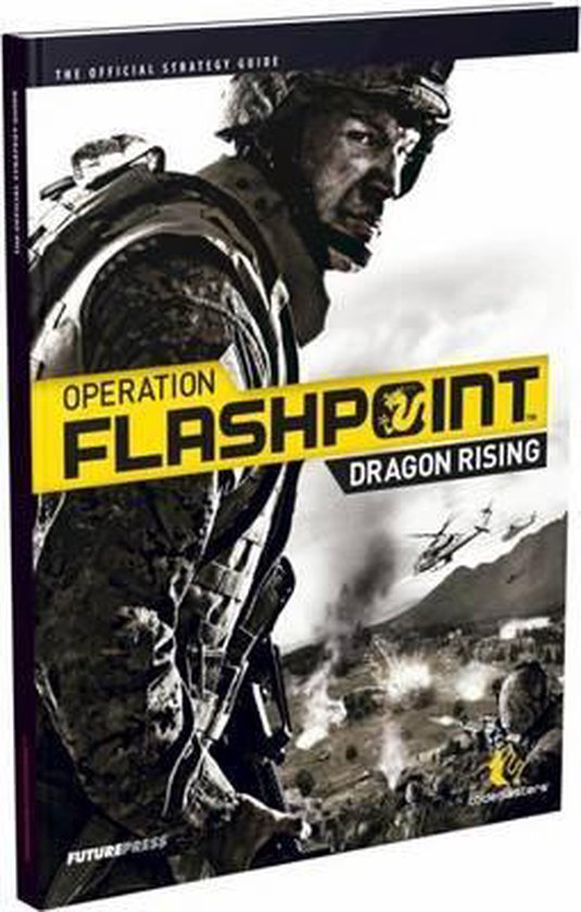 Boek met de titel 'Operation Flashpoint: Dragon Rising', met een soldaat in militair tenue, helikopters en explosies.