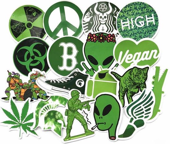 bezig namens Beroemdheid Mix van 20 groene stickers voor laptop, skateboard, tas, telefoon etc.  Wietblad,... | bol.com