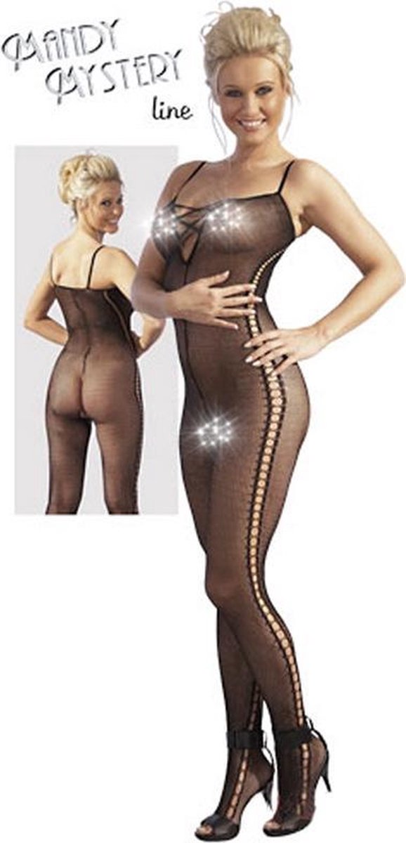 Mandy Mystery Lingerie – Catsuit met Veter Ontwerp Licht transparant en Open Kruis – Maat L/XL - Zwart