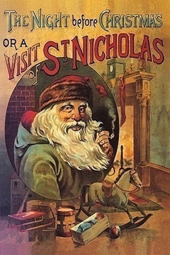 Illustratie van Sinterklaas met pijp, omringd door kerstversieringen en speelgoed, met de tekst 'The Night before Christmas or a Visit of St Nicholas'.