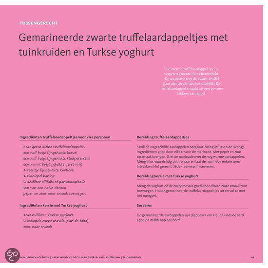 Boekpagina met roze achtergrond, recept voor 'Gemarinerde zwarte truffelaardappeltjes met tuinkruiden en Turkse yoghurt'.