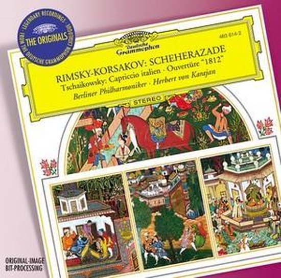 Albumhoes met afbeeldingen in Perzische stijl: "Rimsks-Korsakov: Scheherazade" en "Tchaikovsky: Capriccio Italien" met Berliner Philharmoniker en Herbert von Karajan.