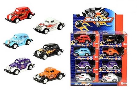 Set van 6 hot rod speelgoedauto's in diverse kleuren, waaronder rood, blauw, paars, oranje, zwart en wit, met vlammen- en race-decoraties.