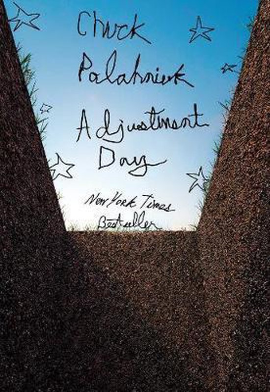 Boek 'Adjustment Day' van Chuck Palahniuk, New York Times Bestseller, met een blauwe lucht en sterren tussen twee aardewallen.