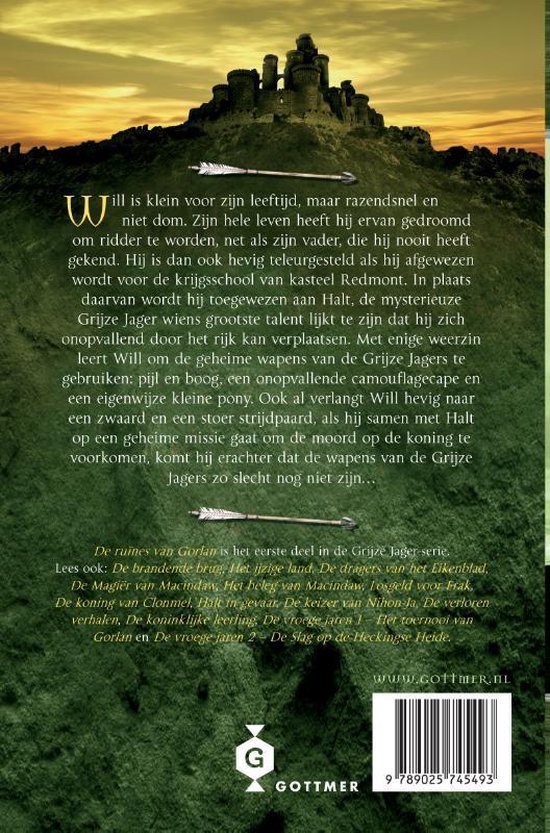 Boekomslag met kasteelruïne op heuveltop, pijlen en tekst 'De Grijze Jager'.