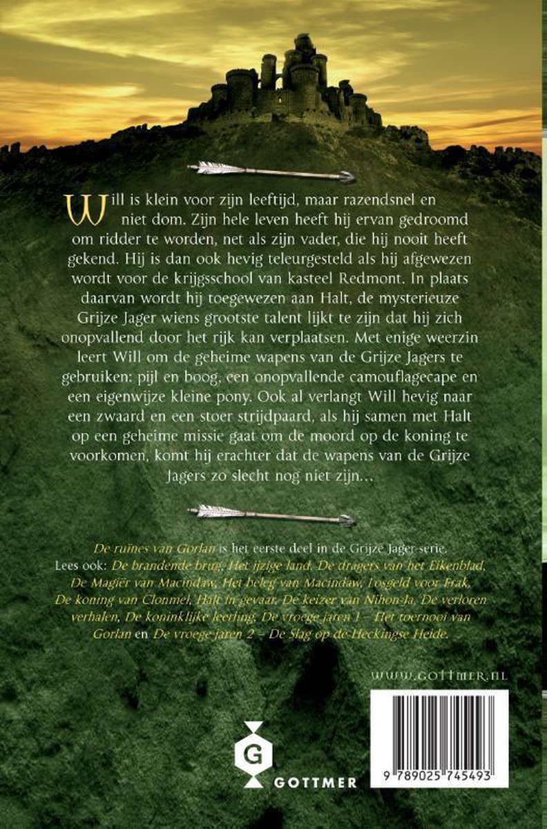 Boekomslag met kasteelruïne op heuveltop, pijlen en tekst 'De Grijze Jager'.