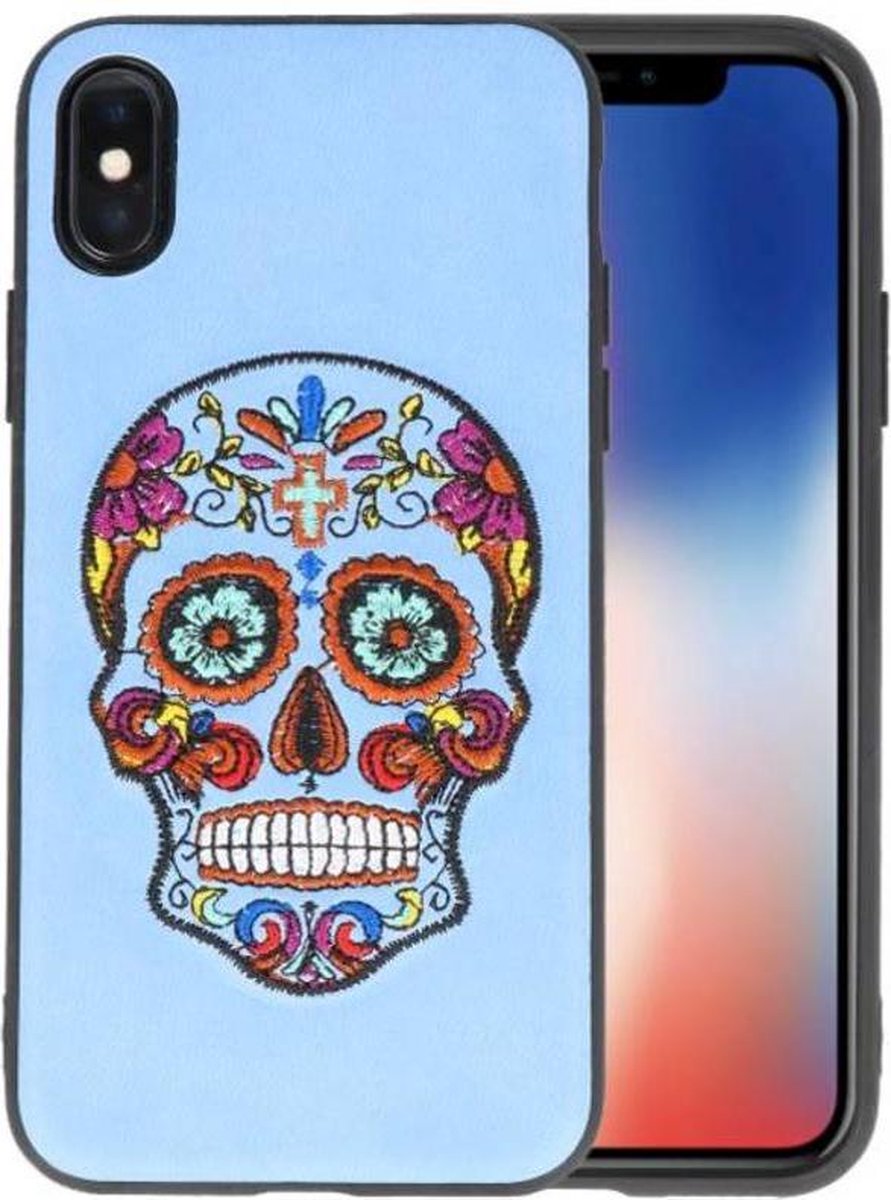 Borduurwerk Doodshoofd Back Cases - Hoesje Geschikt voor iPhone X Pastel Blauw