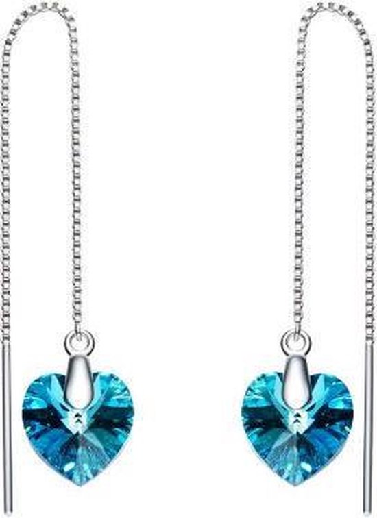 Lange zilveren oorbellen met Swarovski hartjes blauw - sieraden cadeau dame  -... | bol