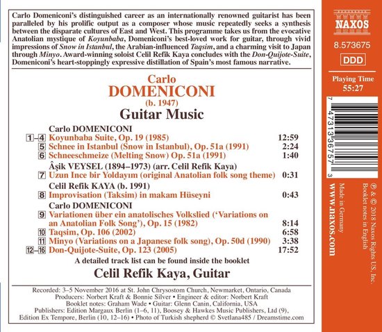 Achterkant van de CD met tracklist: "Koyunbaba Suite", "Schnee schmelze", "Åşık Veysel", "Koyunbaba", "Taqsim", "Min'yo", "Don Quijote-Suite". Speeltijd 55:27.