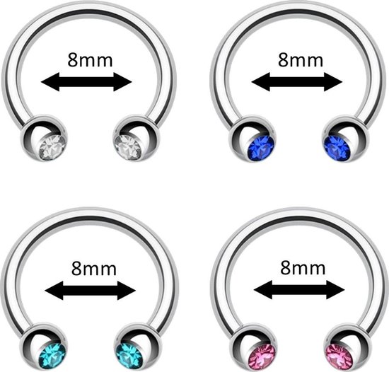 Fako Bijoux® - Circular Barbell Piercing - Hoefijzer Kristal Duo - 8mm - Set - 4 Stuks