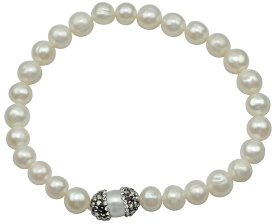 Zoetwater parel armband Bling Rice Pearl - echte parels - wit - zwart - stras stenen - glitter - elastisch