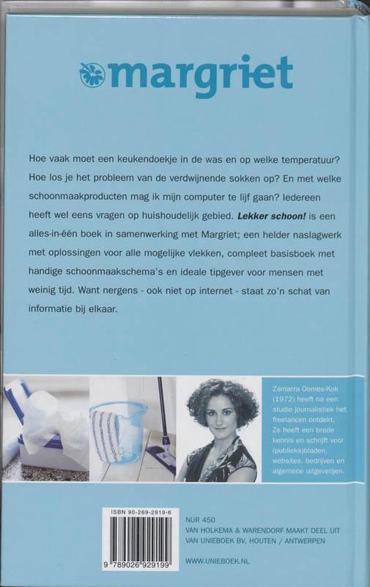 Achterkant van boek 'Lekker Schoon' met informatie over de inhoud en een foto van de auteur, Zamarra Oomes-Kok.
