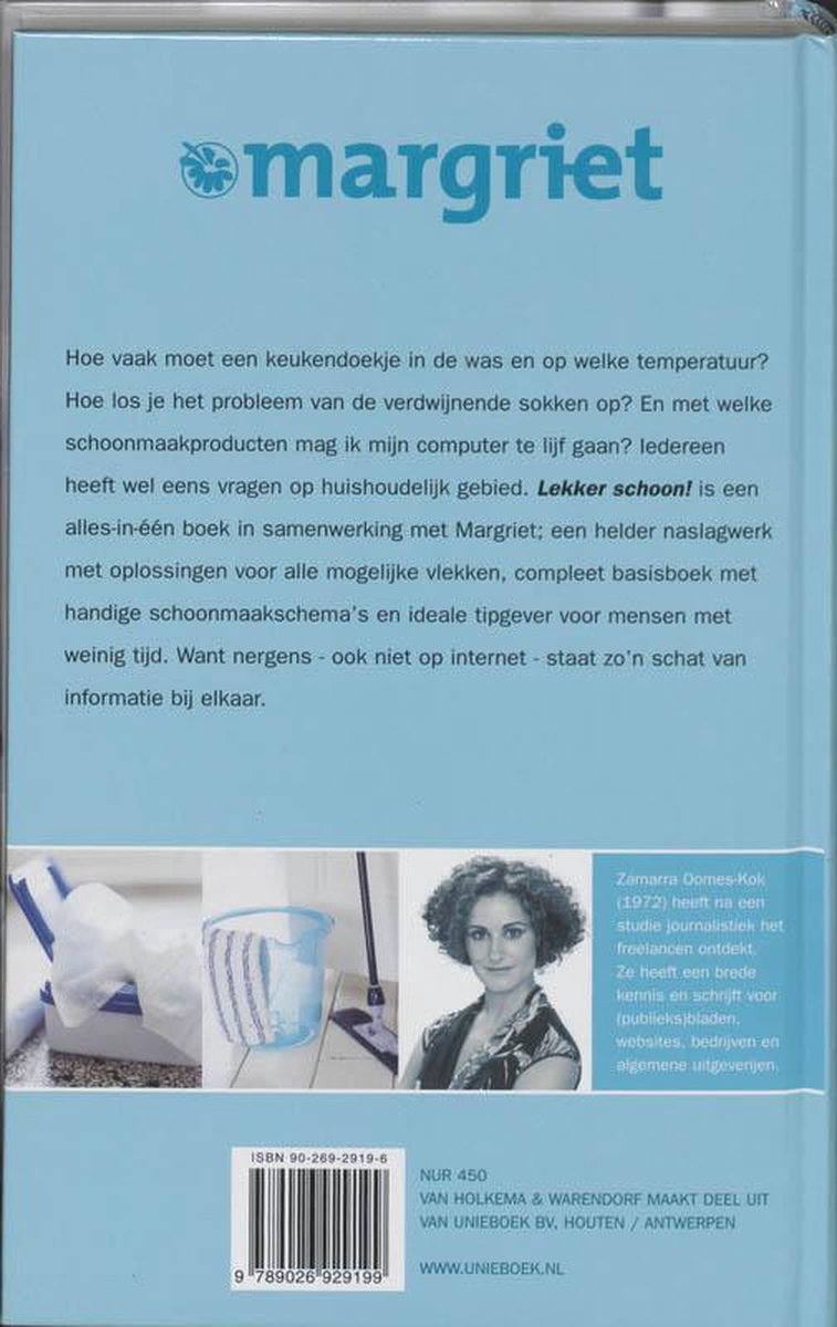 Achterkant van boek 'Lekker Schoon' met informatie over de inhoud en een foto van de auteur, Zamarra Oomes-Kok.