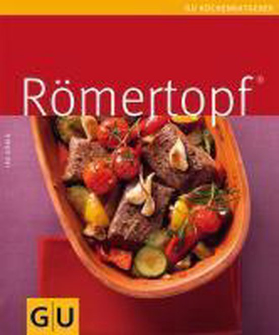 Kookboek 'Römertopf' met een afbeelding van stoofvlees met tomaten, courgette en paprika in een aardewerken schaal.