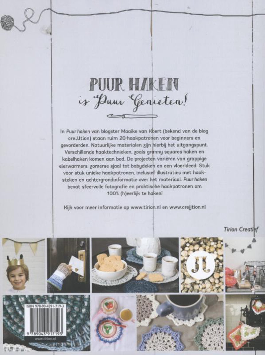 Achterkant boek met 'Puur haken is Puur Genieten!', beschrijving, afbeeldingen van haakprojecten en tekst.