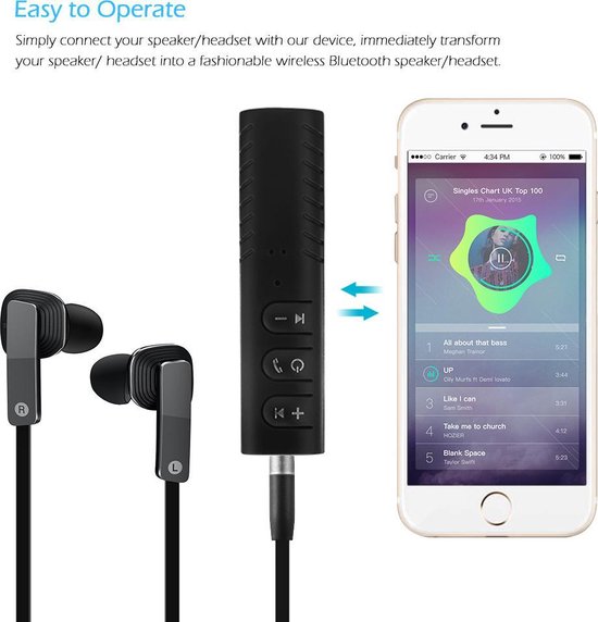 Bluetooth 4.1 carkit receiver met 3.5mm jack plug - Audio ontvanger voor thuis & in de auto - Eenvoudig verbinden met telefoon - Merkloos