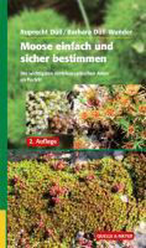 Natuurgids 'Moose einfach und sicher bestimmen' met close-up foto's van diverse mossoorten en een groene achtergrond.