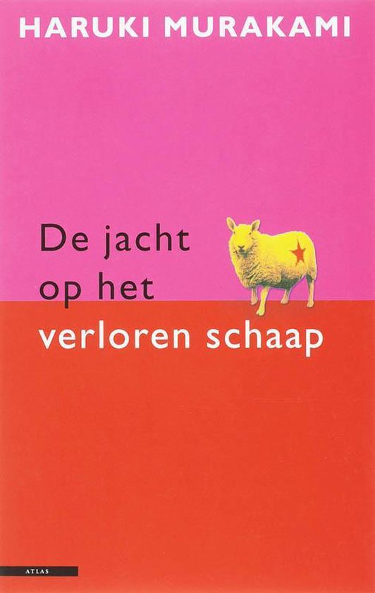 Boekomslag van 'De jacht op het verloren schaap' met roze en oranje vlakken. Een geel schaap met een rode ster staat op het roze vlak.