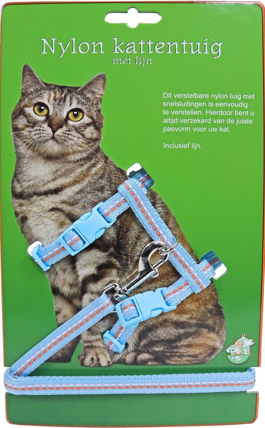 Nylon kattentuig met lijn en stiksel, lichtblauw.