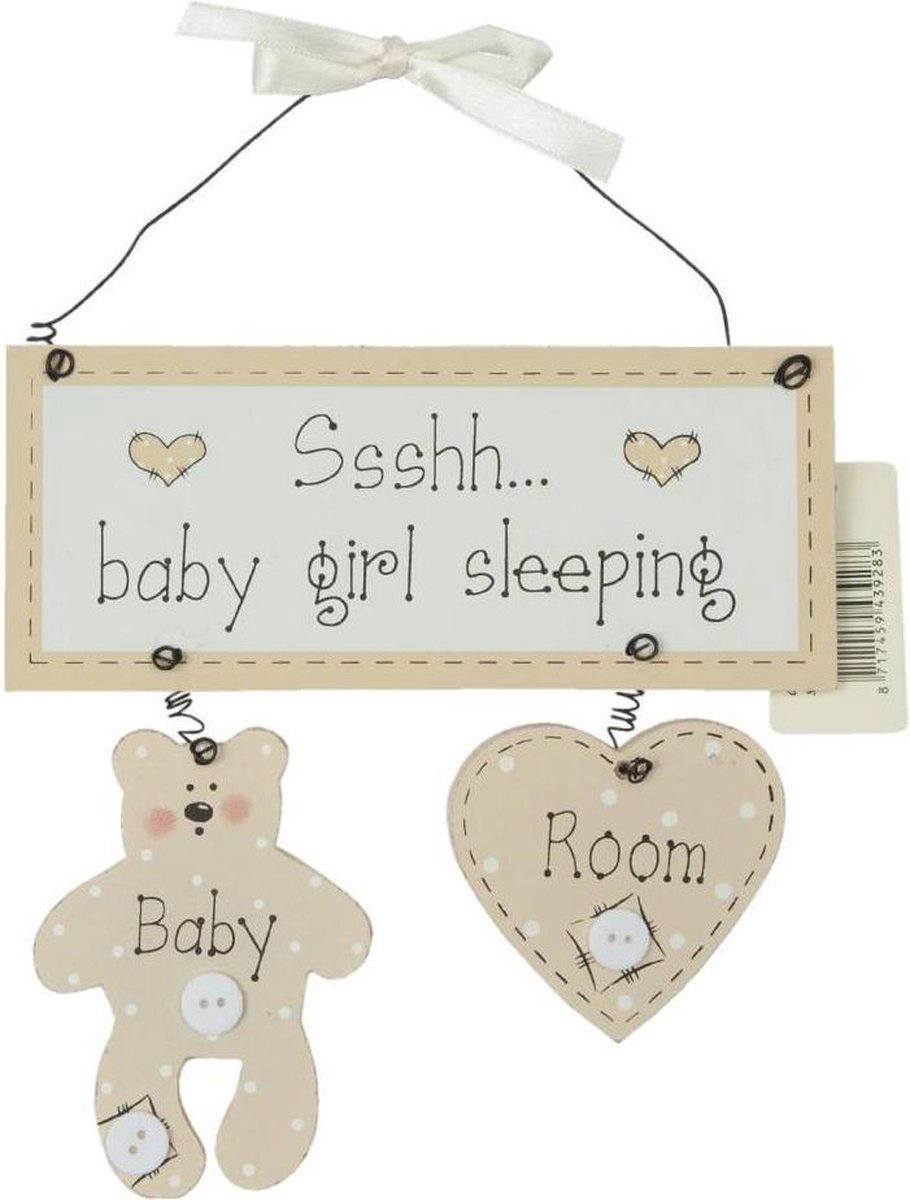 Clayre & Eef - Houten hanger baby girl is sleeping- 17 x 18 cm - hout - natuur