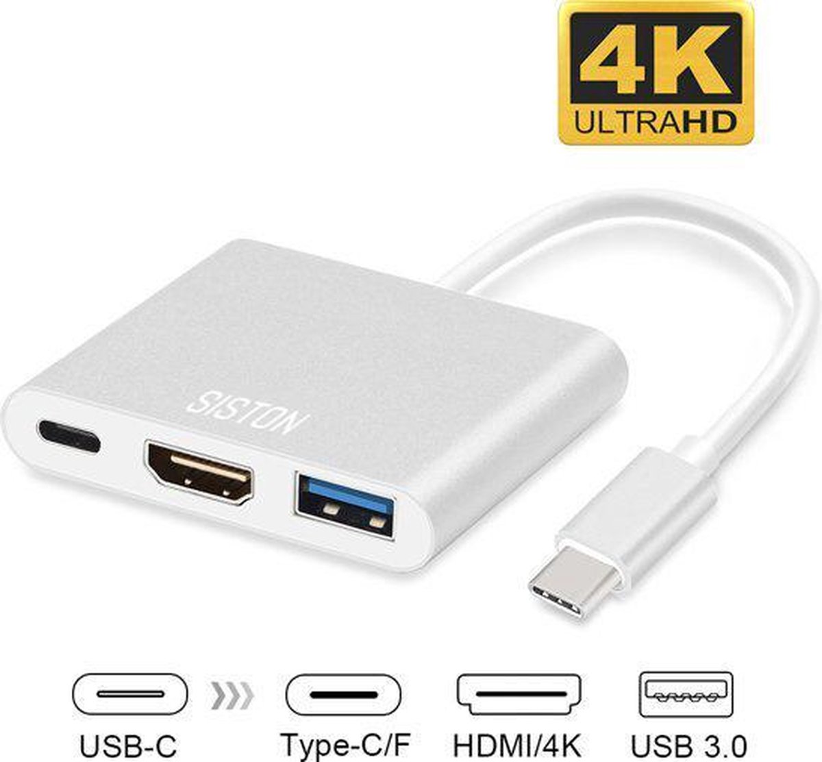 USB-C adapter voor Macbook met USB, HDMI, USB-C - Zilver - Siston