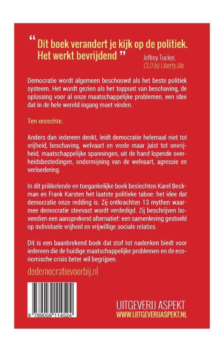 Achterkant van het boek 'De democratie voorbij' met rode achtergrond en zwarte tekst.