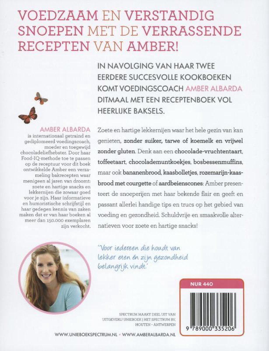 Boekomslag Gezond Bakken: Amber Albarda stelt recepten voor voor gezonde snacks en traktaties. Met foto van Amber en receptenlijst.