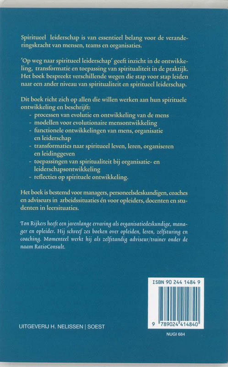 Achterkant van een boek met tekst over spiritueel leiderschap, ISBN en uitgeverij H. Nelissen.