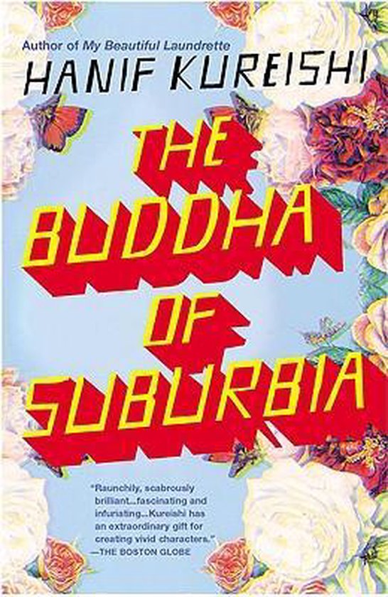 Boekcover met rode tekst 'THE BUDDHA OF SUBURBIA' op een lichtblauwe achtergrond, omringd door bloemen en vlinders.