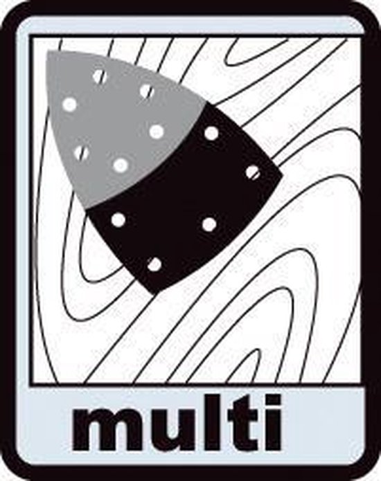 Pictogram van een deltavormige schuurzool op een houtnerfpatroon.