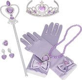 Het Betere Merk - Prinsessen paars/lila accessoireset 6-delig - handschoenen, kroon, staf, oorbellen, ketting, ring