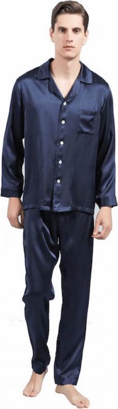 Heren zijden pyjama set (lange mouwen, lange broek), Marine blauw, XL