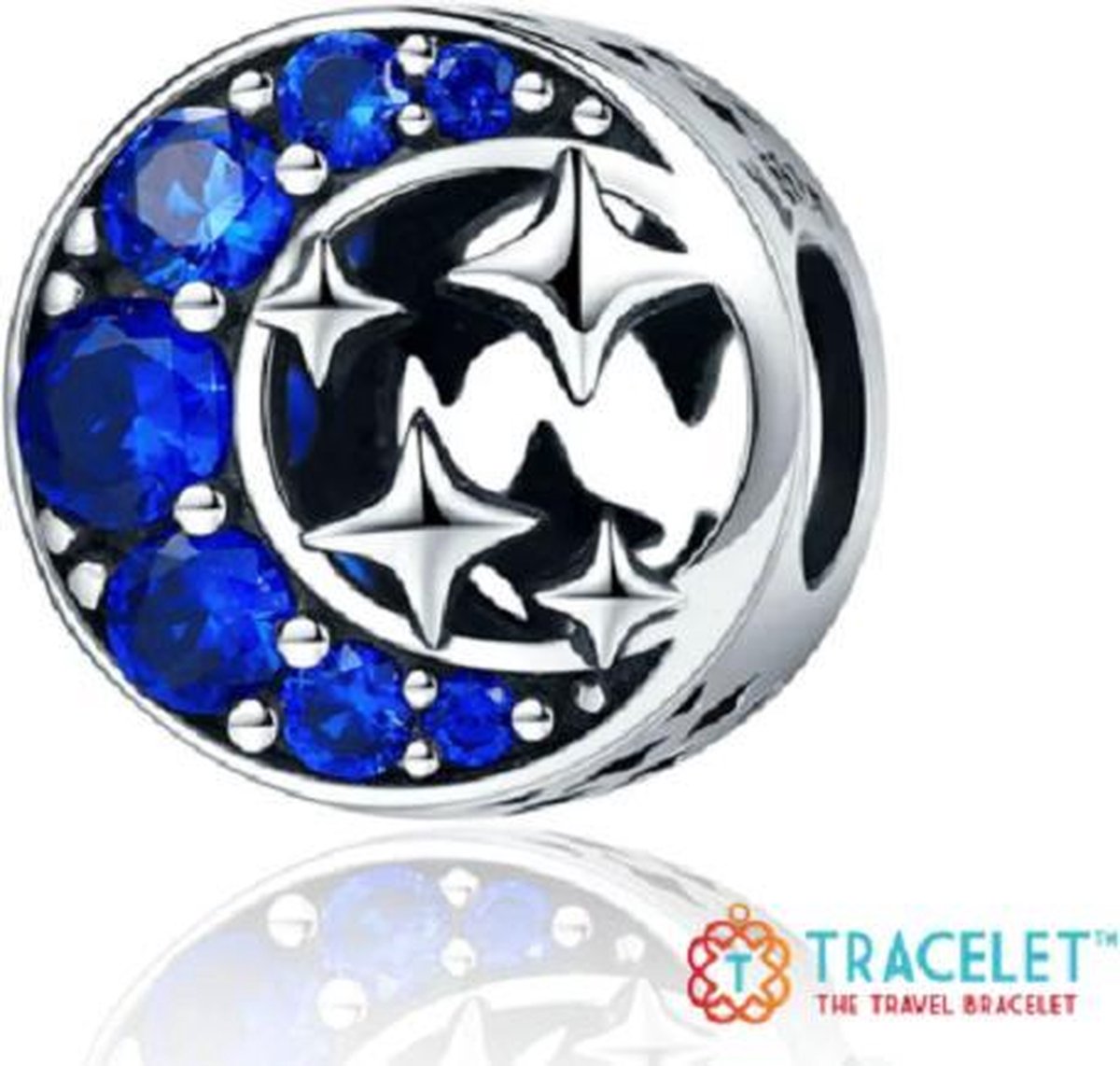 Tracelet - Zilveren bedels - Bedel Maan rond | Met blauwe zirkonia | 925 Sterling Zilver - Pandora Compatible - Met 925 Zilver Certificaat - Tip voor Valentijn