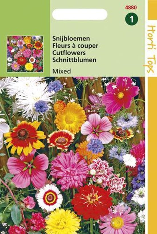 Boeket met kleurrijke snijbloemen zoals cosmea, korenbloemen en goudsbloemen.