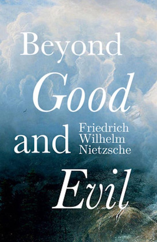 Boek, 'Beyond Good and Evil', Friedrich Wilhelm Nietzsche, met een luchtige en dramatische achtergrond.