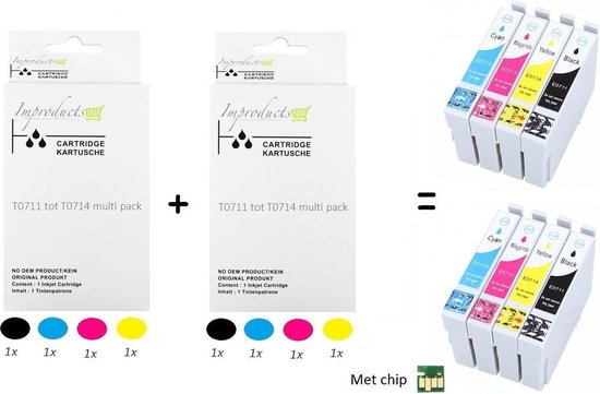 Twee multipacks met Inktpatronen, elk met zwart, cyaan, magenta en geel. Naast de sets liggen de patronen.