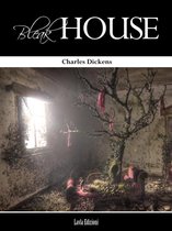 De cover van 'Bleak House' van Charles Dickens toont een verlaten, vervallen kamer met een boom in een bank, met rode kleding die uit de boom hangt.