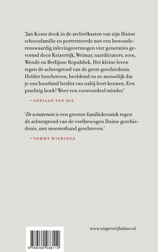 Boekcover met tekst over 'De wintertuin' door Jan Konst en Tommy Wieringa.