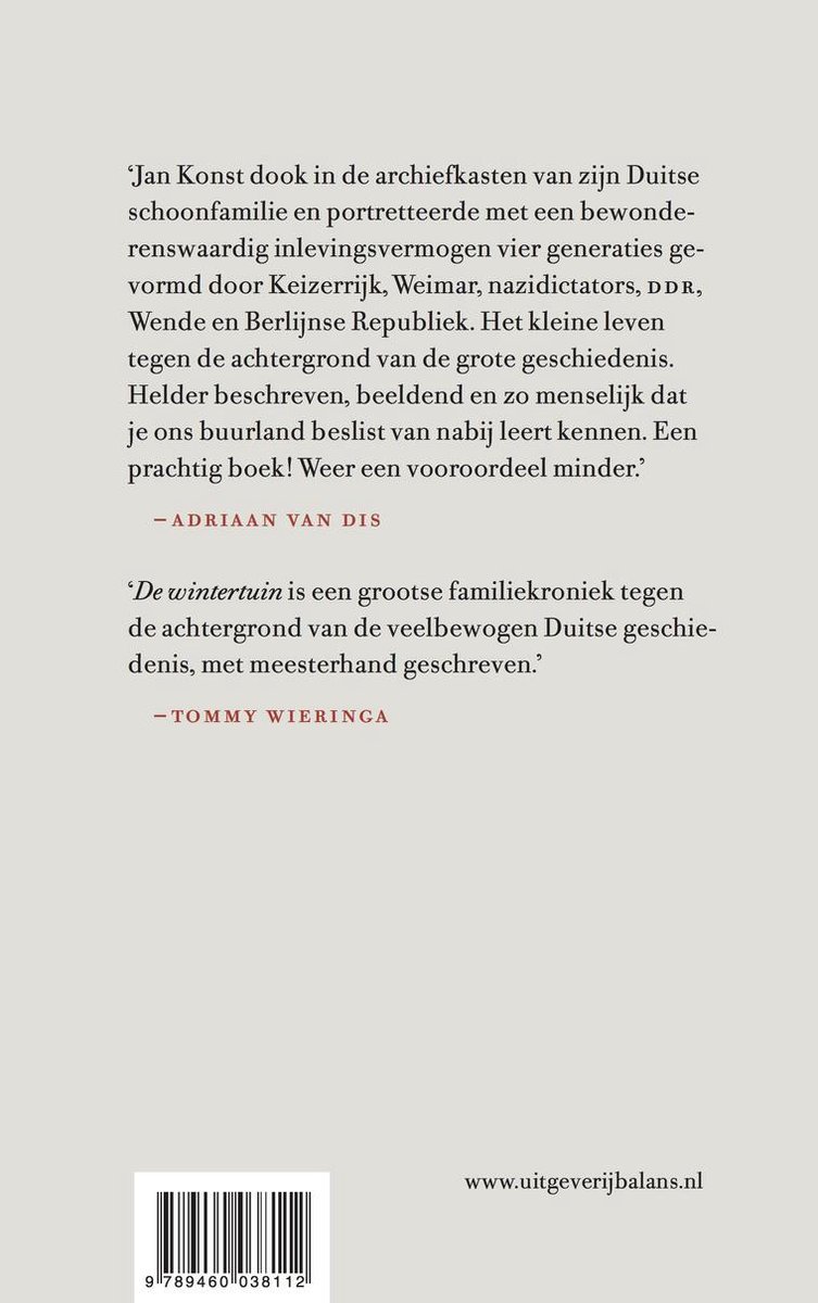 Boekcover met tekst over 'De wintertuin' door Jan Konst en Tommy Wieringa.