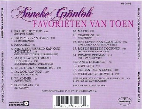 Achterkant van de cd 'Favorieten van Toen' van Anneke Grönloh, met tracklist en barcode.